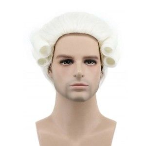 White Lawyer Judge Curly Male Wigs Deluxe Long Synthetic Cosplay Wig+Wig Cap OS